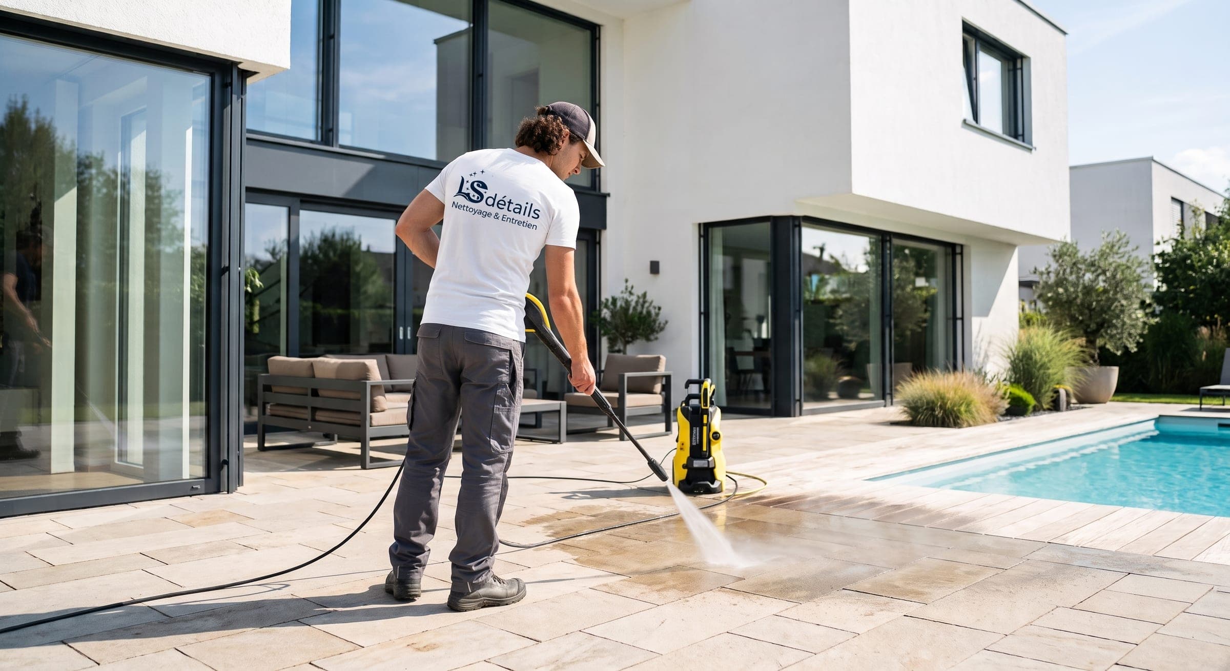 Technicien LS Détails nettoyant une terrasse au nettoyeur haute pression devant une maison contemporaine et sa piscine